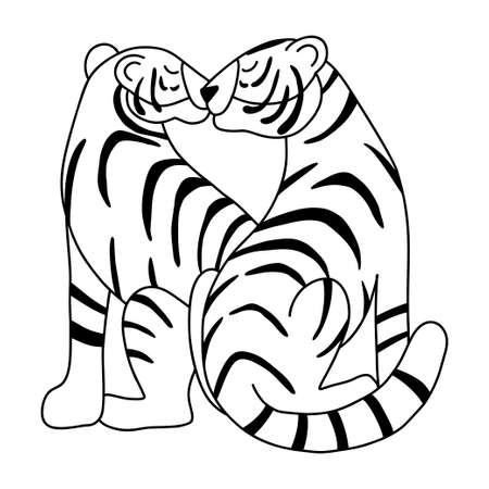 Cute kissing tigers in doodle style. Animalistic concept Couple of lovers. Black and white line art....
