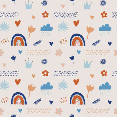 Contemporary cute seamless pattern with rainbows, raindrops and doodle Brush Strokes. Abstract modern boho natural arch wall art in Pastel colors.のイラスト素材
