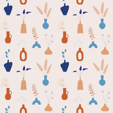 Trendy abstract seamless pattern with plants, vase on pastel background. Ceramic vases, jugs and jars with tropical leaves in modern scandinavian style. Floral pottery boho style vector illustration.のイラスト素材