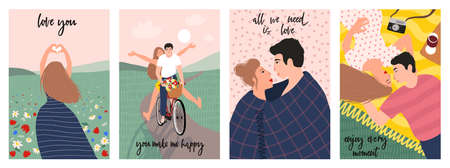 Collection of romantic Valentine's day cards. Cute romantic couples on date riding bicycle, watching...
