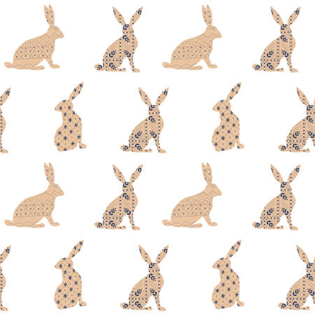 Seamless pattern. Beige rabbit silhouette set with elements in Scandinavian folk style. Hare with ornament. Flat Vector illustration. Cute Easter bunny. Simple and minimal design in warm earth toneのイラスト素材