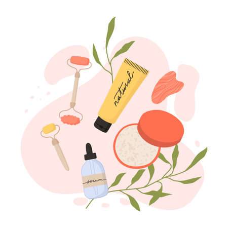 Skin care concept. Cosmetic products and tropical leaves top view. Serum, cream, gua sha roller and stone. Woman skincare daily beauty routine, hygienic procedure. Cartoon flat vector illustrationのイラスト素材