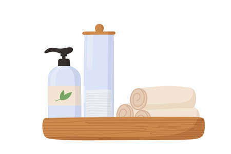Skin care products on wooden tray. Bottles with cleansing foam, glass jar with cotton pads. Daily skincare routine and hygiene concept. Organic cosmetics products. Flat vector illustration isolatedのイラスト素材