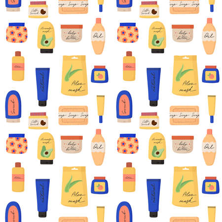 Skin care products cartoon. Seamless pattern with Colorful bottles, glass jars, tubes. Cosmetics collection. Woman skincare. Natural face care product. Vector illustration isolated on white backgroundのイラスト素材