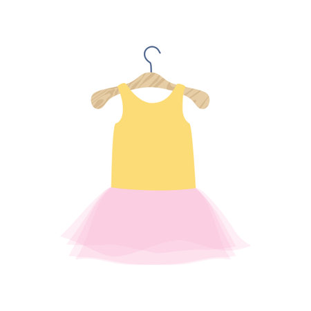 Cute pink and yellow girl dress on a wooden hanger. Nursery clothes in Pastel colors. Cartoon accessory for the newborn. Flat vector illustration isolated on white background.のイラスト素材