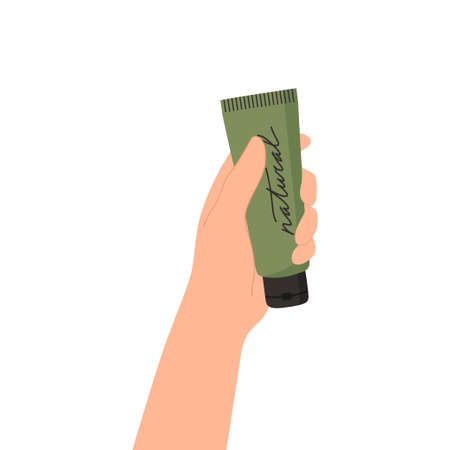 Hand holding skin care cosmetic product. Woman showing moisture cream, foam tube. Organic cosmetics products, skincare routine concept. Cartoon Flat vector illustration isolated on white background.のイラスト素材