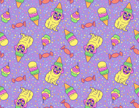 Bright seamless, multi directional tiled pattern textile print. Neon, party pug dog, confetti, sprinkles, ice cream, sweets, candy tiled background. Fun fluorescent colors.のイラスト素材
