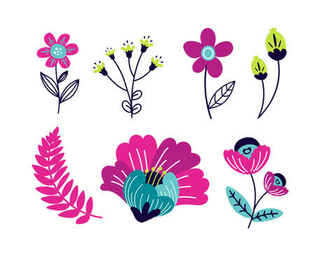 Vector tropical floral icons design in bright colours on a white background.のイラスト素材
