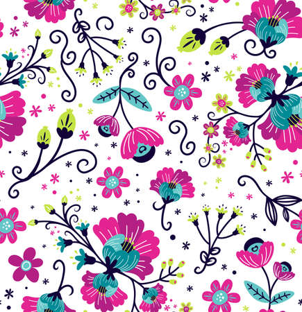 Seamless vector repeat tropical floral surface pattern design in bright colours on a white background.のイラスト素材