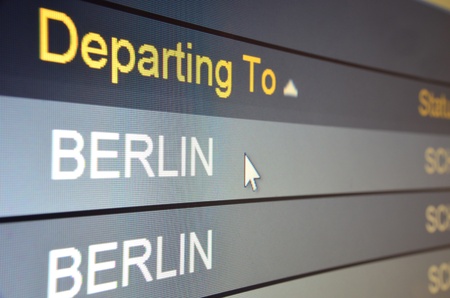 Computer screen closeup of Berlin flight statusのeditorial素材
