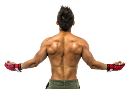 Back of young muscle man with arms spread open, wearing mixed martial arts gloves. Isolated on white backgroundの写真素材