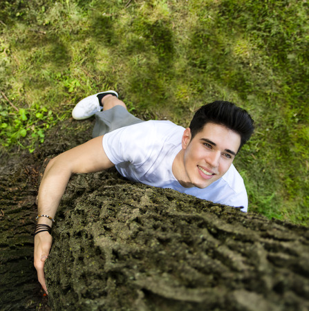 Smiling handsome young man hugging a tree, looking up, seen from up above.の写真素材