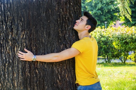 Smiling handsome young man hugging a tree, looking up, in city parkの写真素材