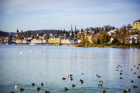 Fascinating view of Lucerne Lake in Switzerland in a sunny dayの写真素材
