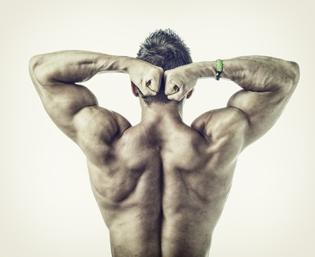 Shirtless muscular man, standing, isolated on white background in studio shot, seen from the back