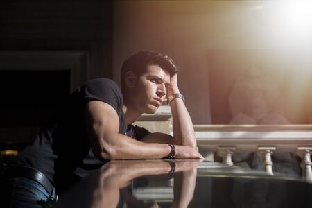 Portrait of Shy Attractive Young Man Leaning on Folded Arms Against Polished Marble Staircase Railing Inside Classical Buildingの写真素材