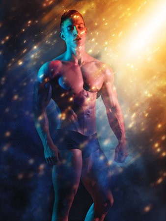 Shirtless muscular young male bodybuilder wearing briefsの写真素材