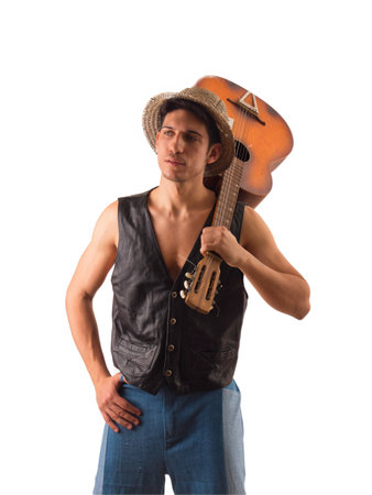 Young man with acoustic guitar, isolated on whiteの写真素材
