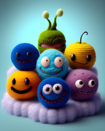 Collection of decorative woolen balls with eyes and smileの素材