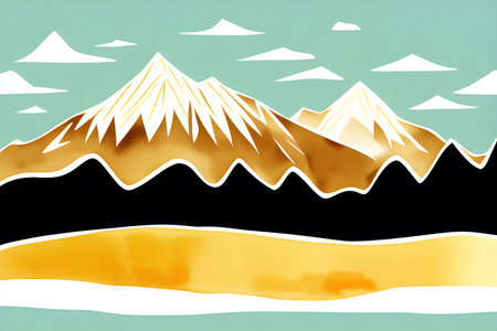 Illustration of mountain forest water and cloudy skyの素材