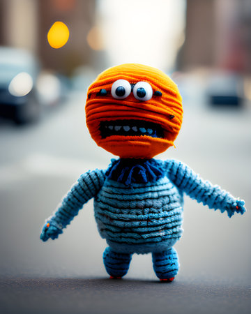 Illustration of small toy with big head on city streetの素材