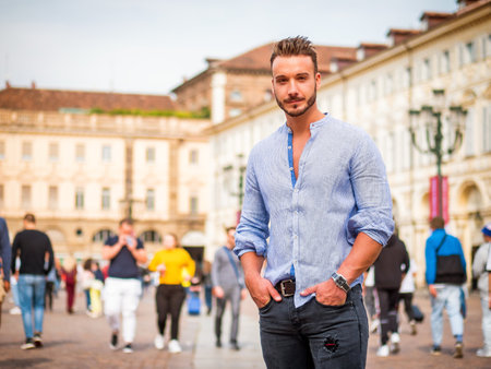 One handsome young man in city settingの写真素材