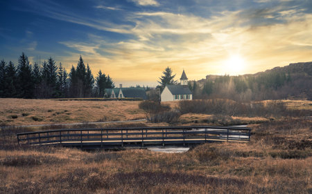 Small village near forest on sunny dayの写真素材