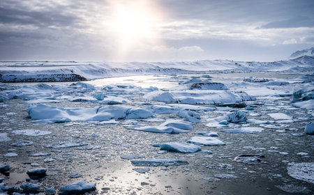 Waves splashing near icy shore in Iceland