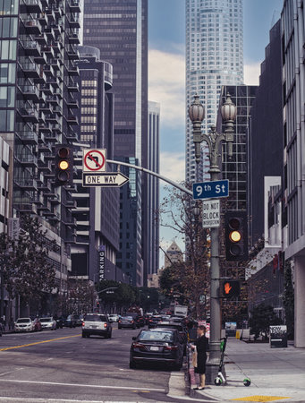 Photo of a vibrant cityscape in Los Angeles, California, with towering skyscrapers filling the skylineの写真素材