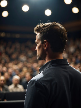 A public speaker man confidently stands before a large crowd. created with generative AI technologyの素材