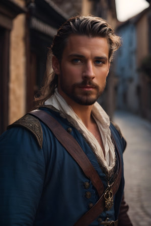 A man dressed as a pirate stands confidently on a cobblestone street. A happy man with lengthy hair and a beard wearing a blue ensemble is photographed outside. created with generative AI technologyの素材