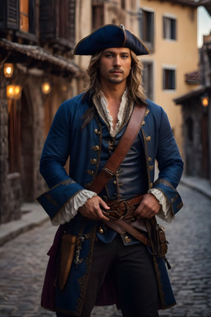 A man dressed as a pirate stands confidently on a cobblestone street, surrounded by an urban setting. created with generative AI technologyの素材