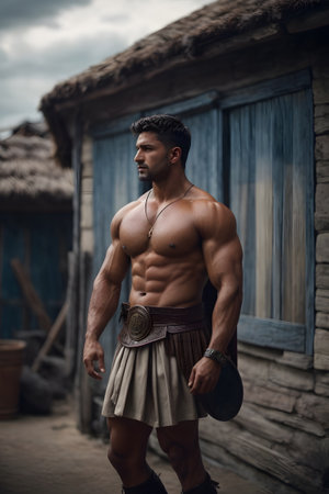 A shirtless muscular man wearing Roman clothing stands confidently in front of a house. created with generative AI technologyの素材