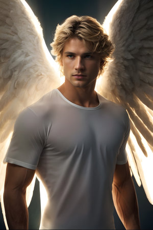 A man wearing a white shirt and angel wings stands out against a white background. created with generative AI technologyの素材