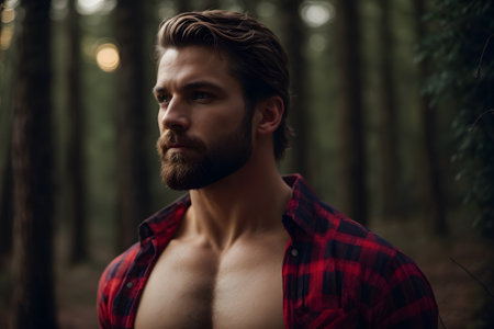 A shirtless man confidently stands amidst the serene beauty of a dense forest. created with generative AI technologyの素材