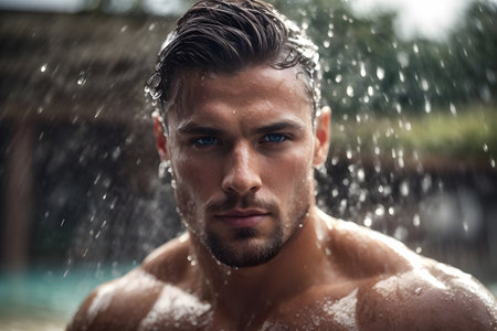 A man enjoying a refreshing shower as water cascades down on him. created with generative AI technologyの素材