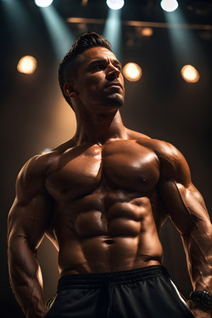 A confident man stands on a stage, his hands firmly placed on his hips. created with generative AI technologyの素材