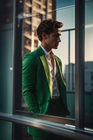 A man wearing a green suit looks outside through a window, captivated by the tranquil scenery. created with generative AI technologyの素材