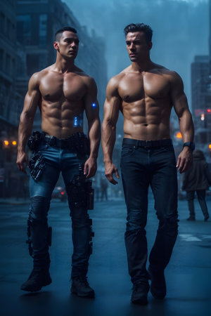 Two muscular men wearing casual clothing stand side by side with relaxed expressions. created with generative AI technologyの素材
