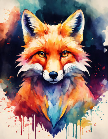 An exquisite painting of a fox depicted against a pristine white background.の素材