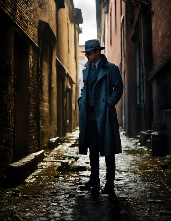 A solitary figure clad in a trench coat exudes an air of mystery as he walks through a narrow, shadowy alley, illuminated by a soft glow.の素材