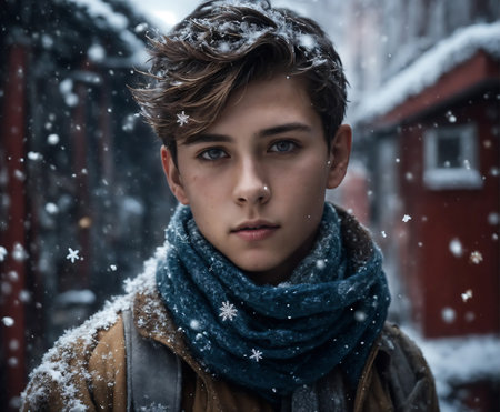 A photo of a young man bundled up in winter clothing, wearing a scarf, against a snowy backdrop.の素材