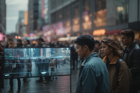 This image shows a group of people standing together, engaged in watching a TV screen in front of them.の素材