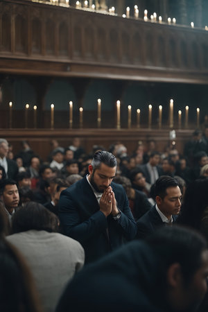 A confident man in a tailored suit commands attention as he speaks to a crowd of people.の素材