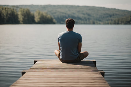 A peaceful man sits on a dock, gazing at the water, surrounded by nature's tranquility.の素材