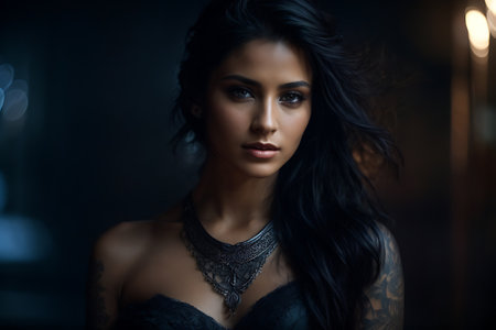 A woman with long black hair wearing a black dress stands poised and confident.の素材