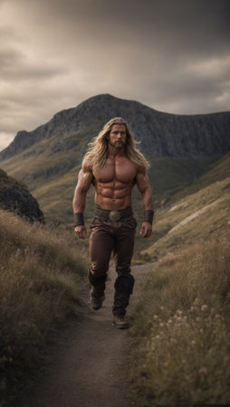 A blond viking man with long hair walks shirtless along a beautiful trail surrounded by nature.の素材