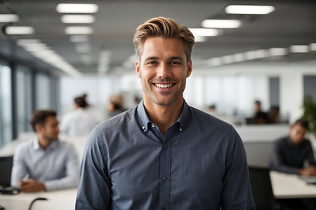 A man stands confidently in an office, flashing a genuine smile towards the camera.の素材