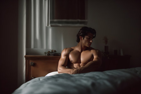 A shirtless man sits on a bed in a dimly lit room, finding solace while deep in thought.の素材