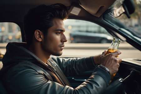 A man is seen sitting in a car, holding a bottle of alcohol.の素材